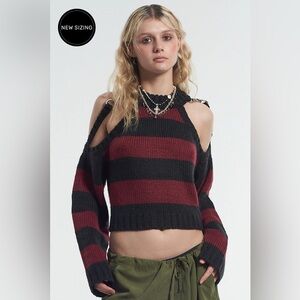 Ragged Priest NIMROD KNIT Striped Cold Shoulder Sweater - Black and Burgundy